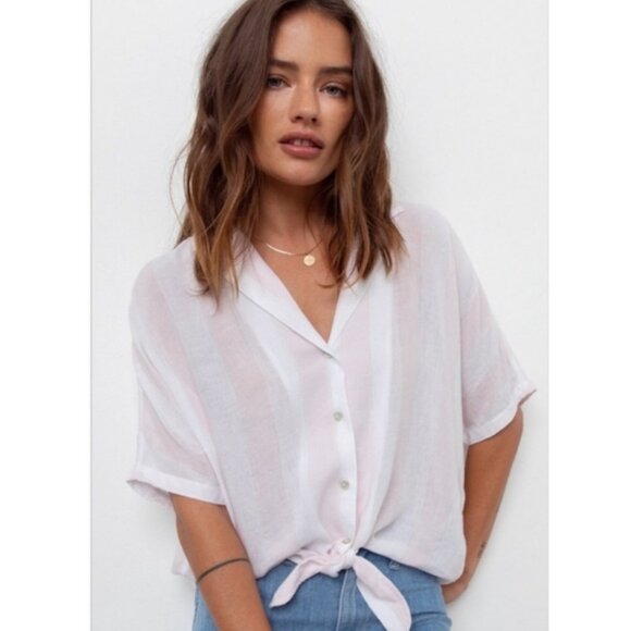 "NWT"Rails Marley Lotus Stripe Button Down Cropped Shirt Top Pink & White- Large - Picture 1 of 14